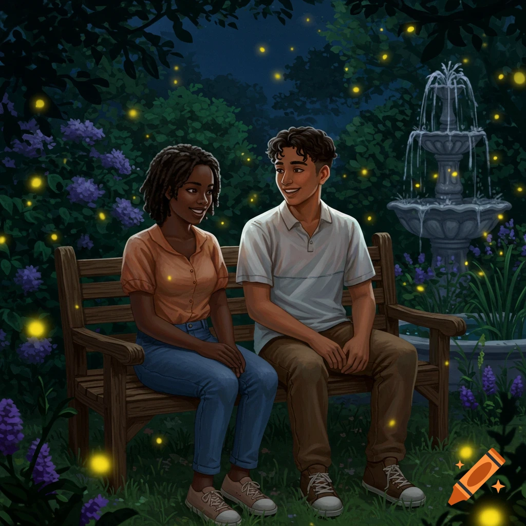 A young Black woman and a young Latino man sit on a bench in a dark garden, illuminated by glowing fireflies, with a fountain in the background.