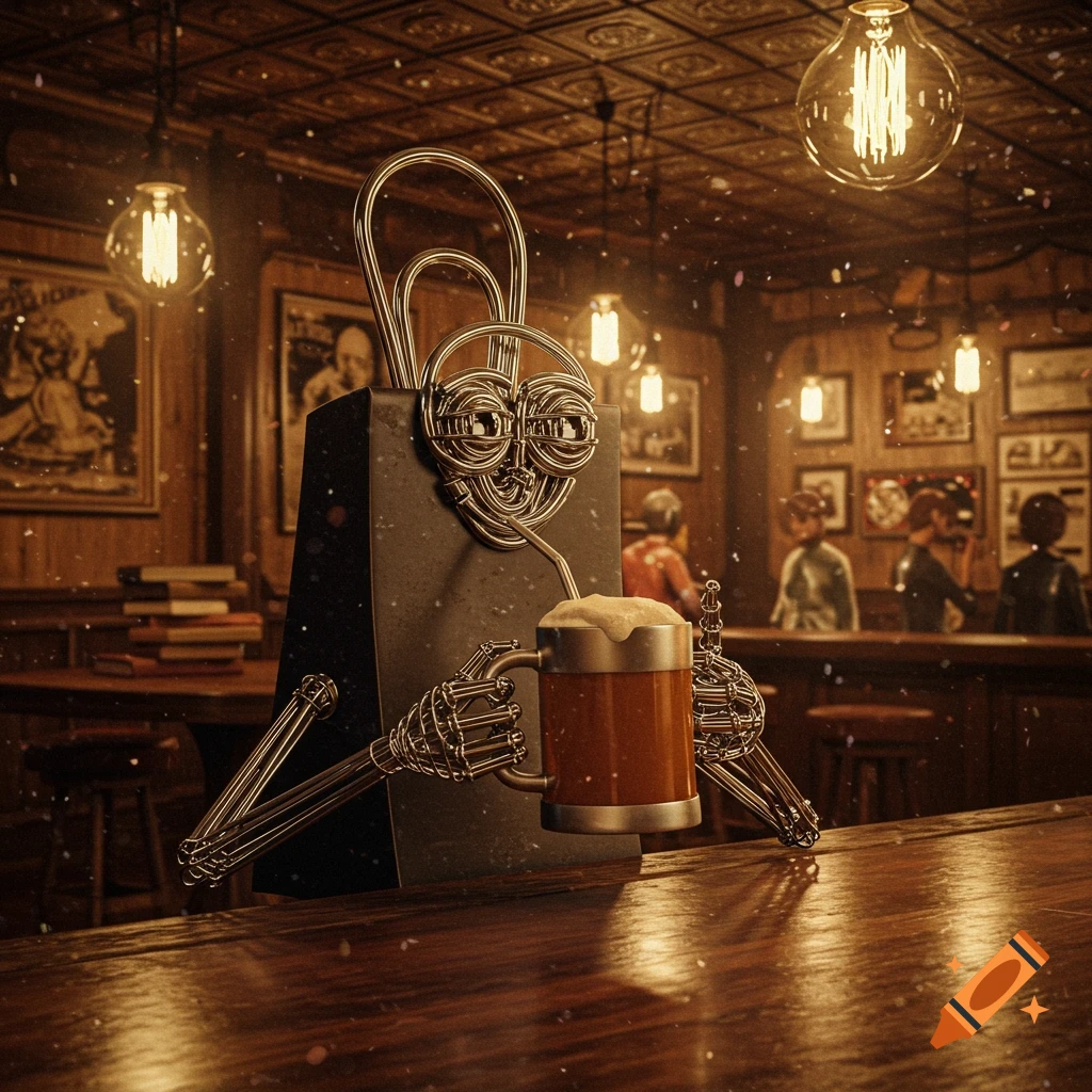 A photorealistic 3D render of a stylized paperclip character, resembling Clippy, drinking from a mug at a rustic bar.