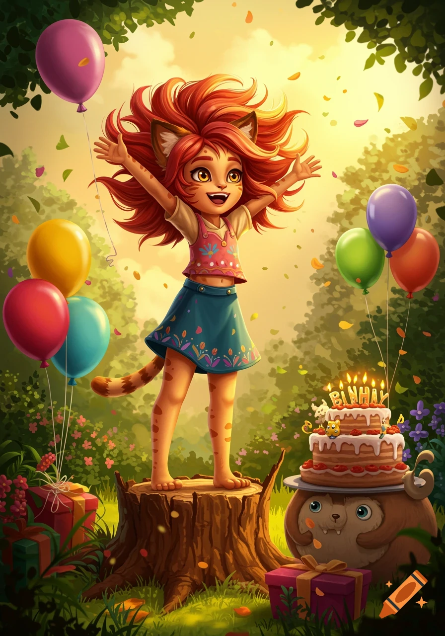 A happy, red-haired, cat-like cartoon girl celebrates her birthday in a lush forest with balloons, cake, and presents.