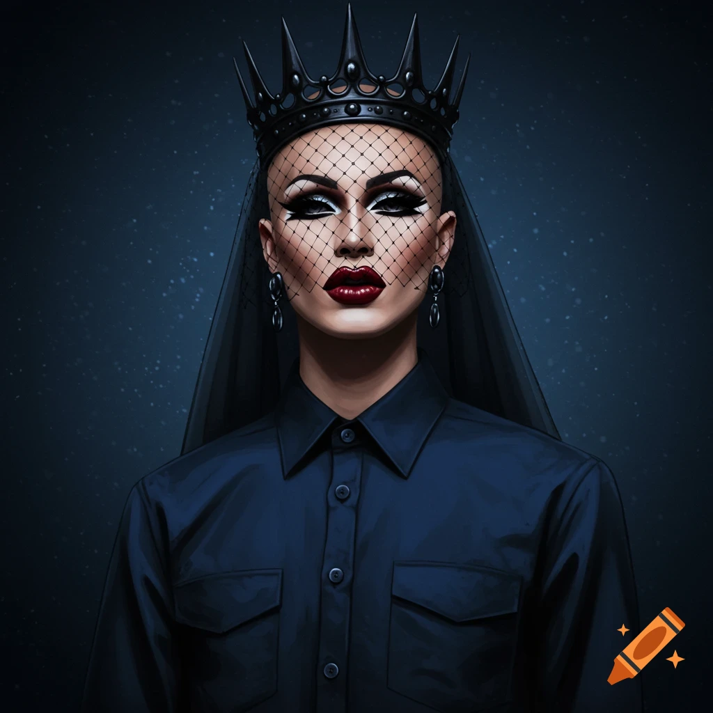 A drag queen with heavy makeup, wearing a black spiked crown and a black mesh veil, dressed in a dark blue button-down shirt.