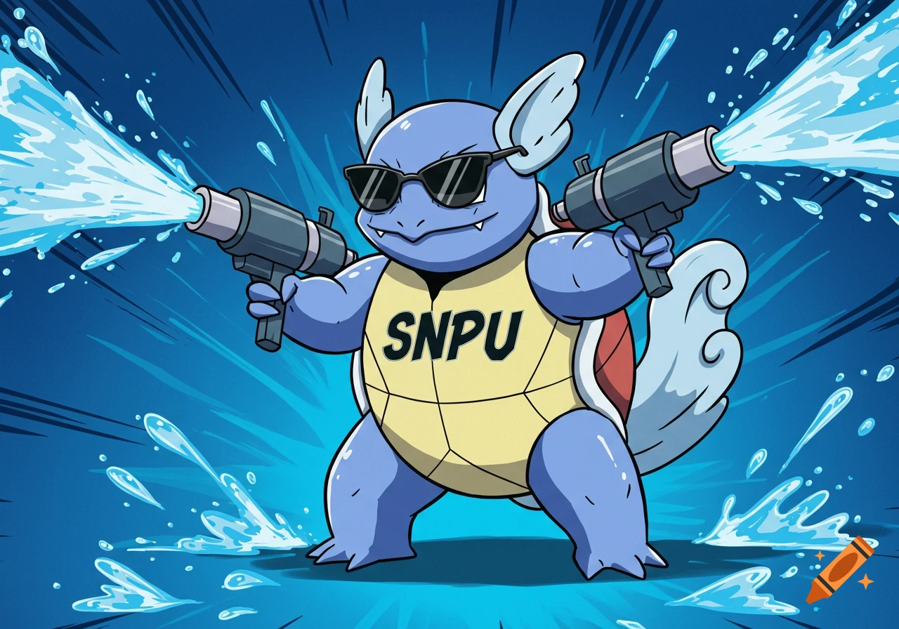 A cartoon Wartortle wearing sunglasses and holding two water cannons, splashing water, in a combat style.