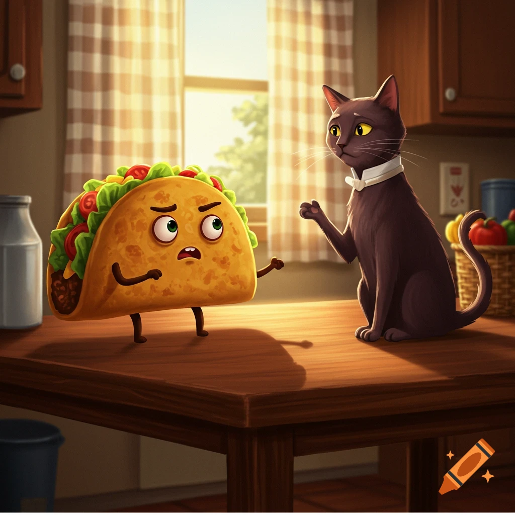 A cartoon taco with an incredulous expression faces a didactic-looking cat on a wooden kitchen table.