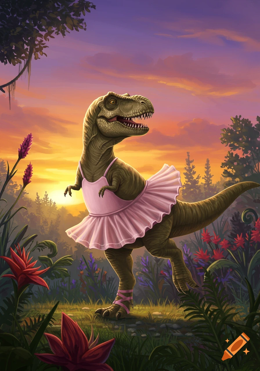 A T-Rex wearing a pink ballet tutu and shoes, dancing in a lush jungle at sunset in an illustrative style.