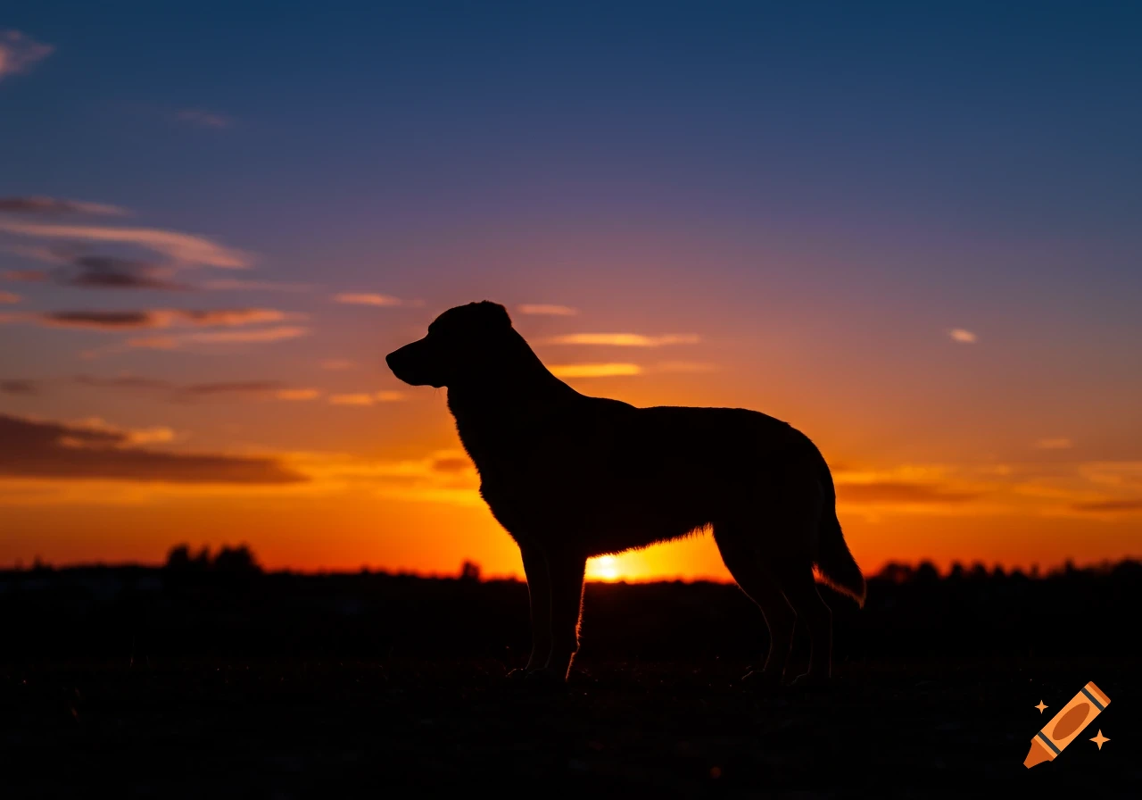 Silhouette of a dog standing against a vibrant orange and blue sunset sky.