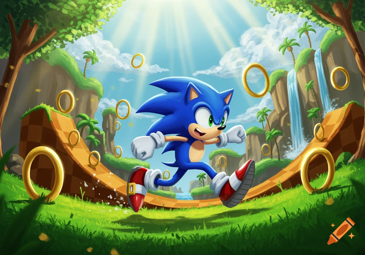 Sonic the Hedgehog dashes through a vibrant Green Hill Zone-like landscape with golden rings, waterfalls, and lush greenery under a sunny sky in an animated style.