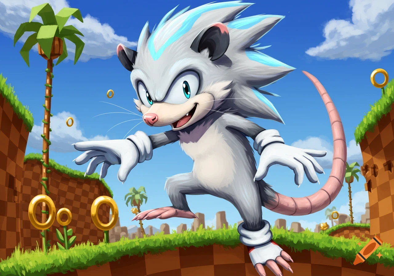 An anthropomorphic gray opossum with blue fur highlights in the style of Sonic the Hedgehog runs through a green landscape with gold rings.