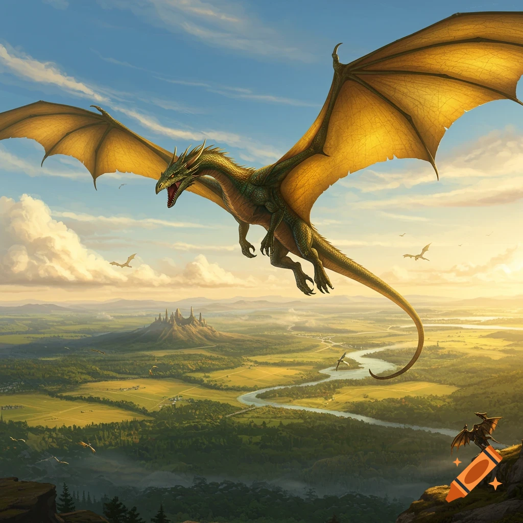 A large green and gold dragon flies over a vast green valley with a winding river and a distant castle under a partly cloudy sky at sunset.
