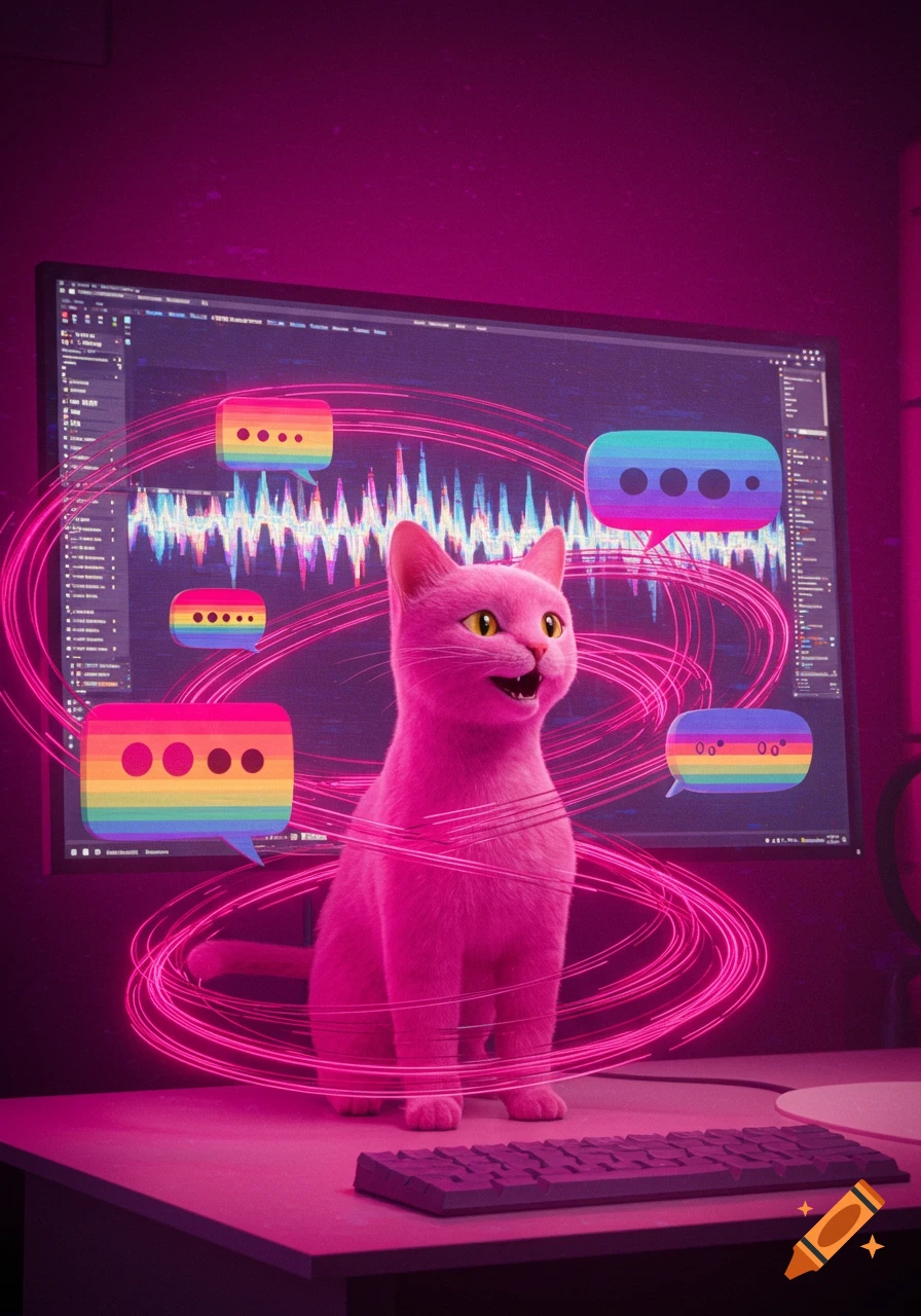 A vibrant pink cat sits in front of a computer screen displaying audio waveforms and abstract text. Pink glowing circles swirl around the cat, and rainbow speech bubbles float in the air.
