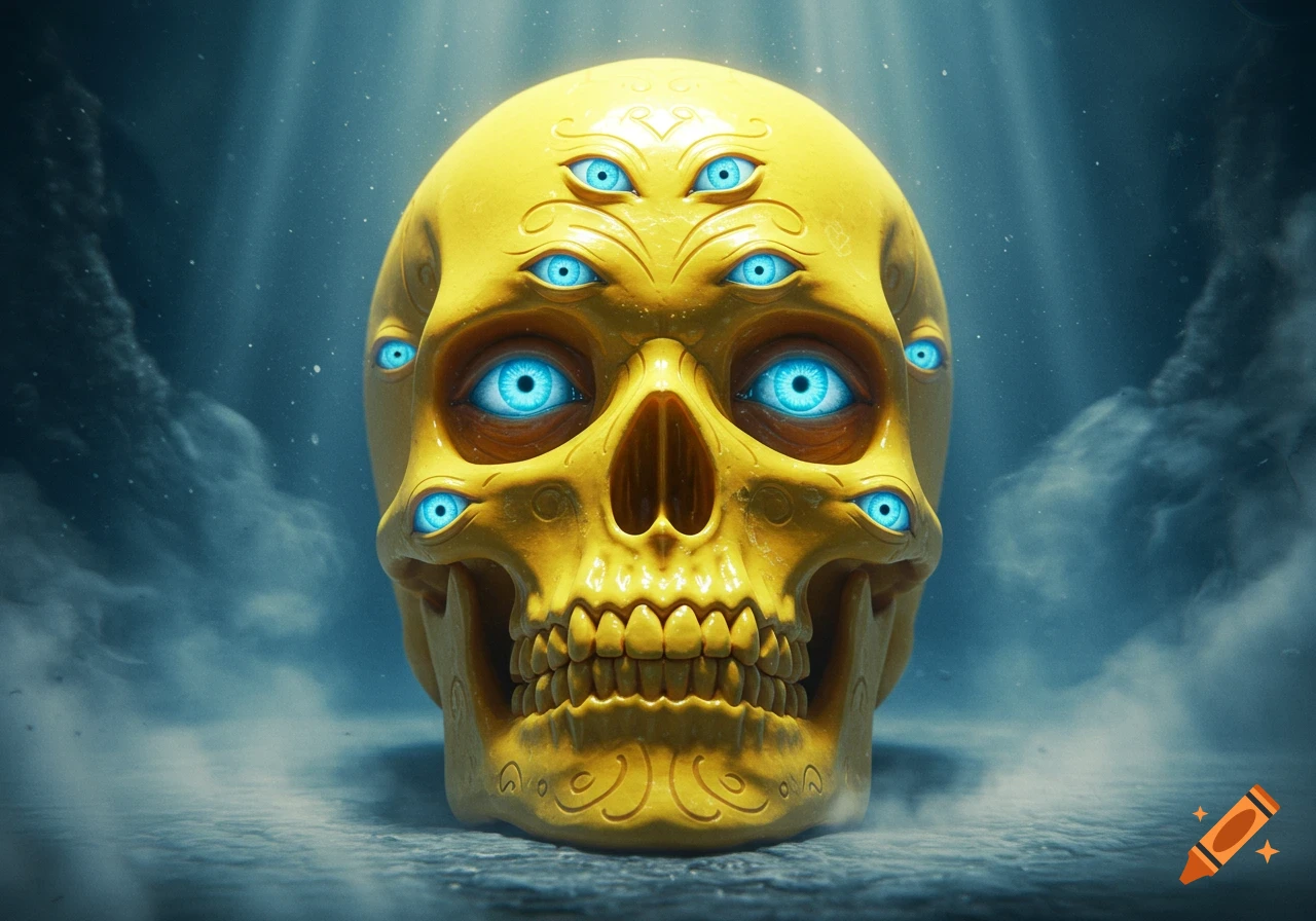 A vibrant yellow skull featuring ten glowing blue eyes, set against a dark and misty background with beams of light.