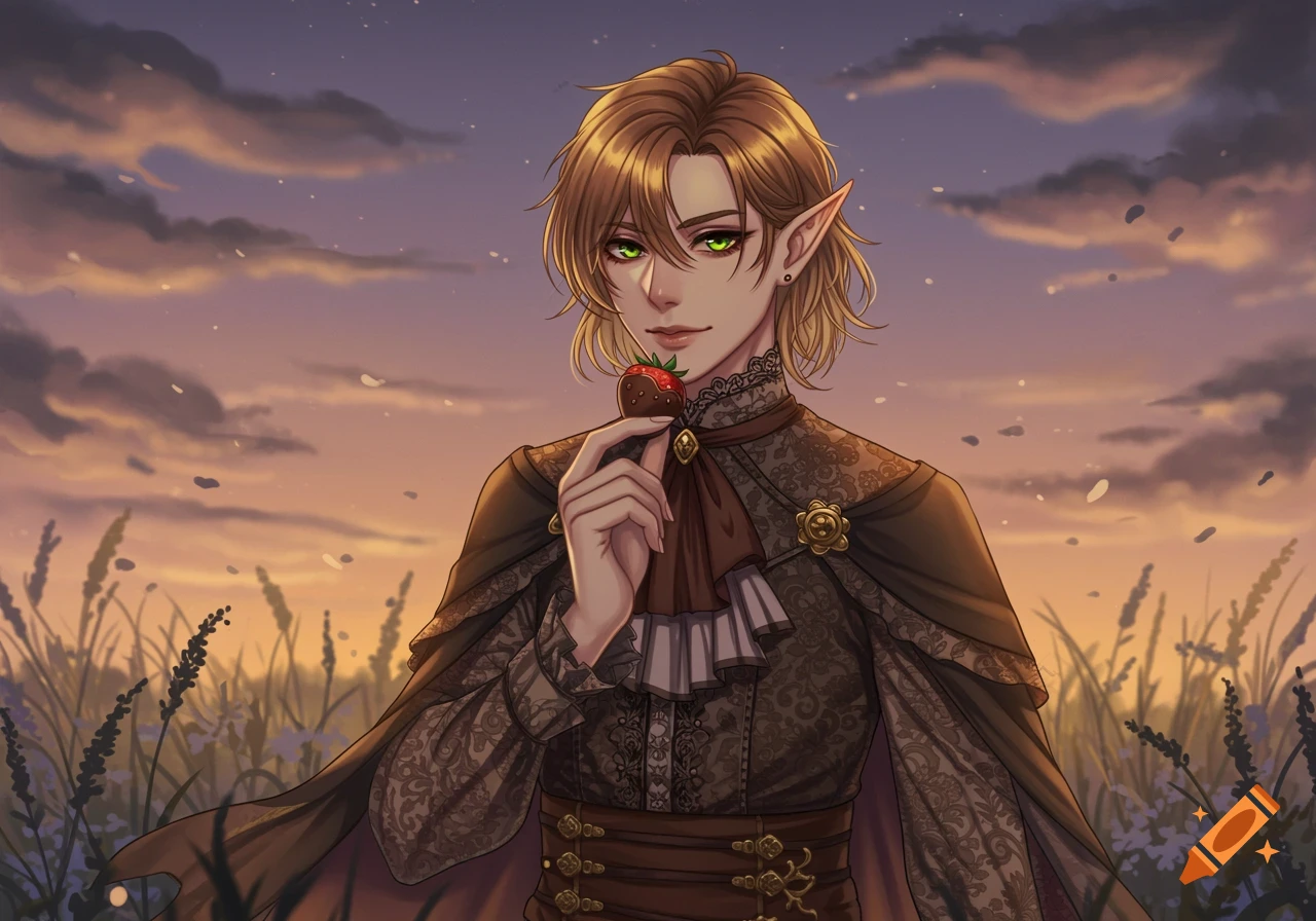Anime illustration of a male elf with green eyes and brown hair, holding a chocolate-covered strawberry in a field at sunset.