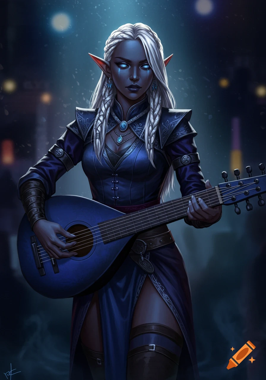 A female dark elf with white hair and glowing eyes, dressed in blue, plays a lute in a moody, dark setting.