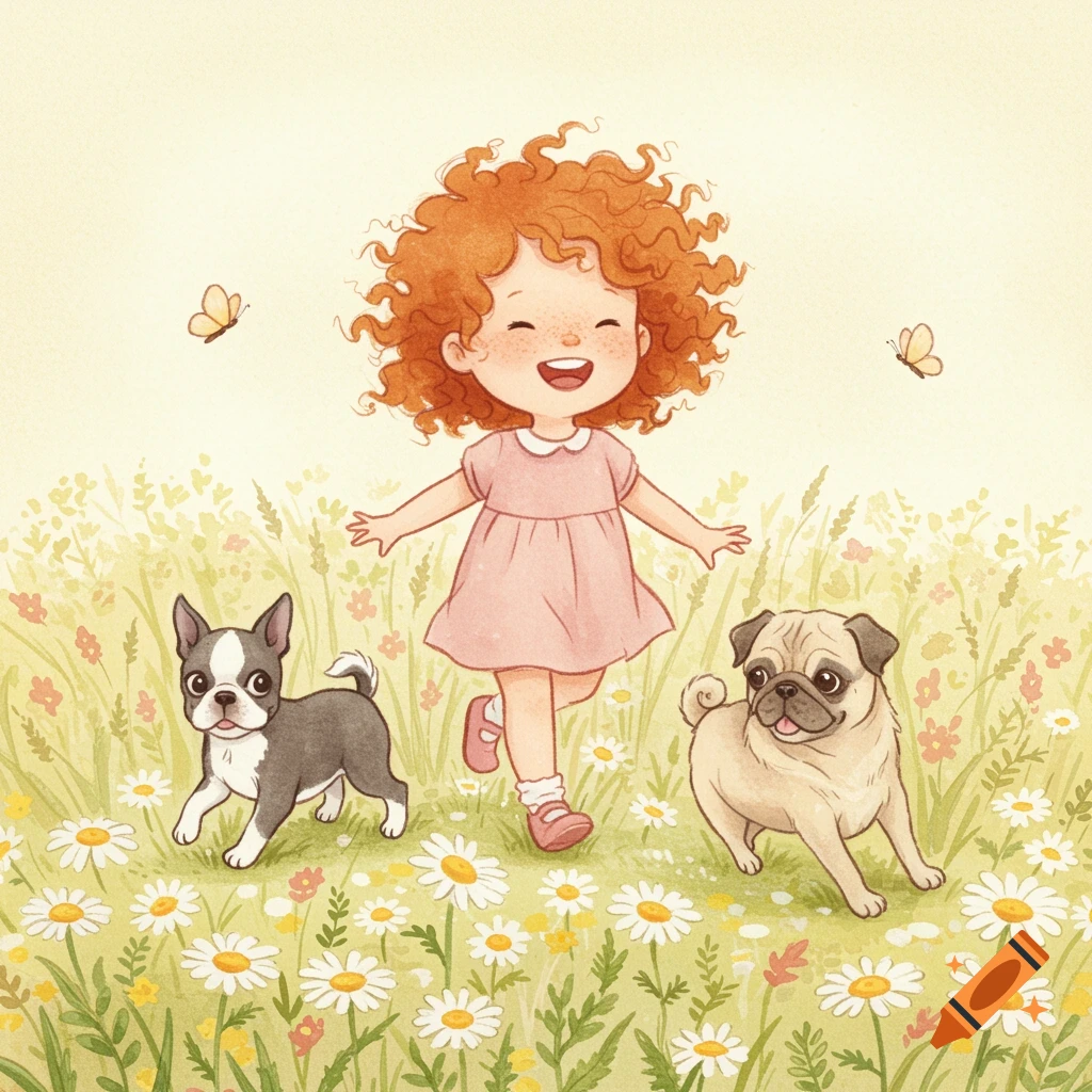 A joyful children's book illustration of a young girl with curly red hair skipping with a Boston terrier puppy and a pug through a daisy meadow, in a soft watercolor style.