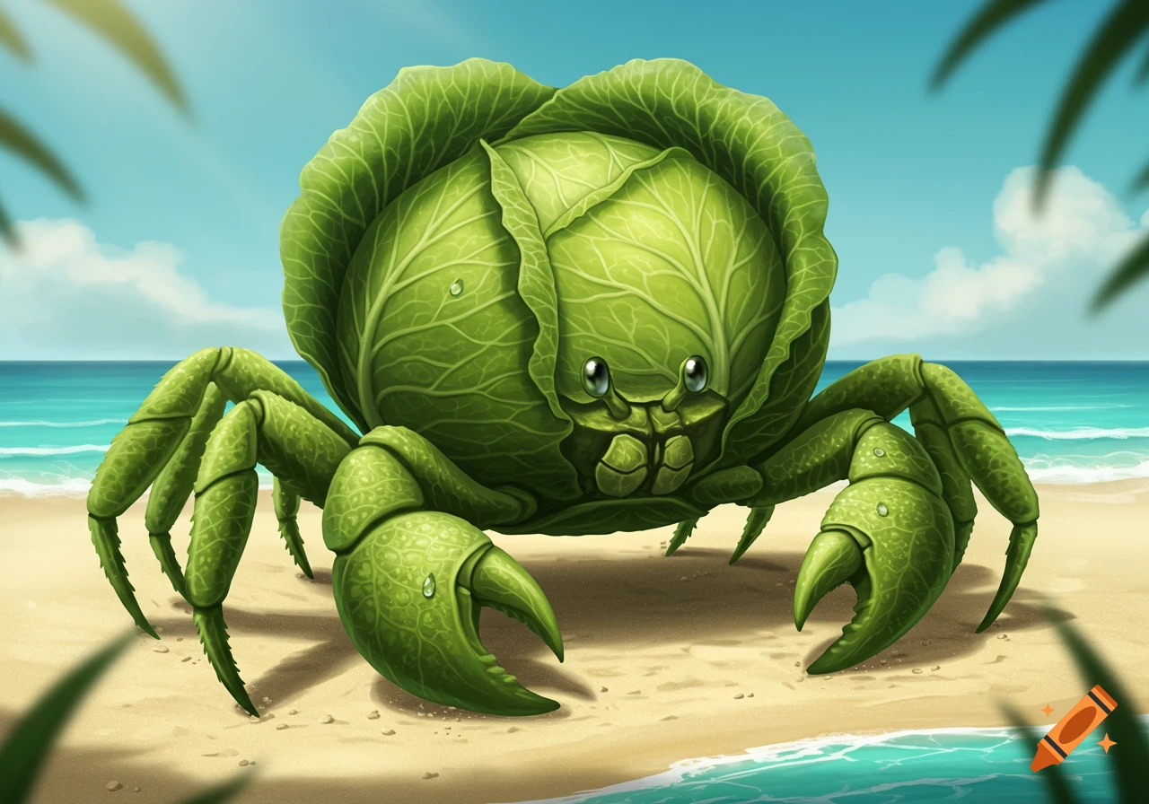 A cute, cartoonish crab with a body made of green cabbage sits on a sandy beach with the ocean in the background.