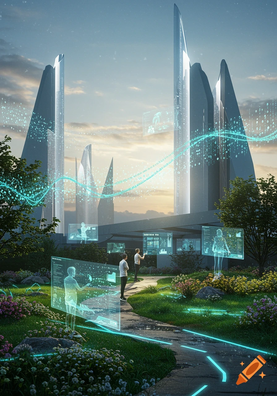 A futuristic outdoor learning environment with modern buildings, lush gardens, and people interacting with glowing holographic displays and data streams.