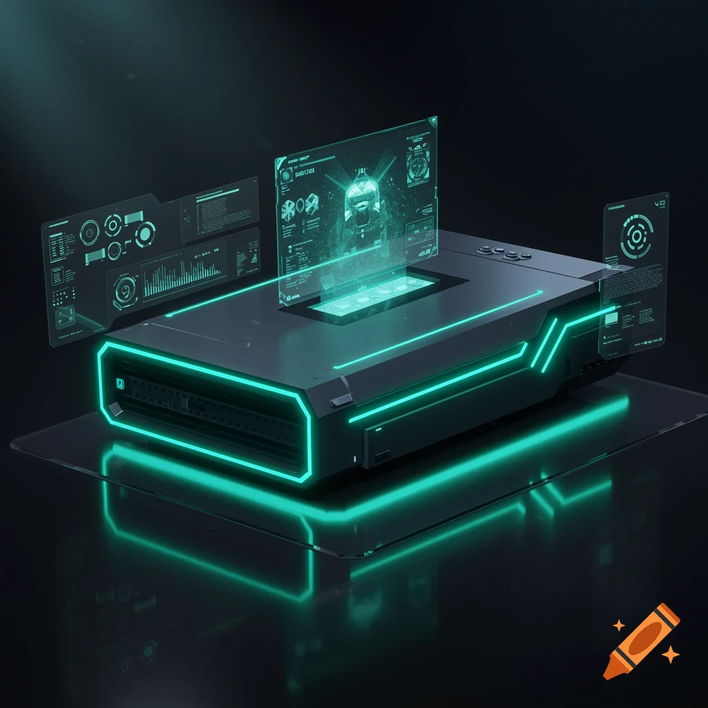 A dark gray futuristic gaming console with bright teal glowing lines and holographic displays showing data and schematics.