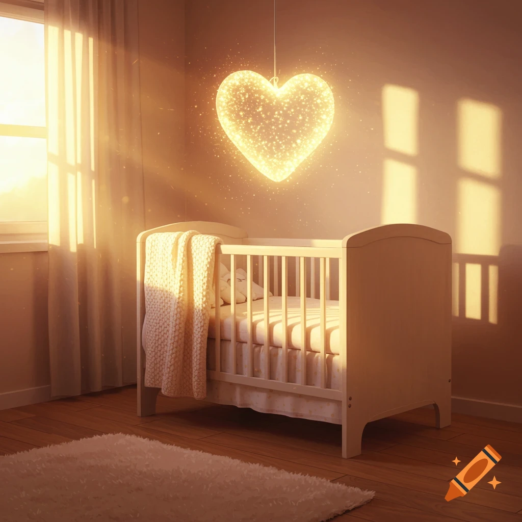 Illustration of a cozy baby room at dawn with sunlight streaming in and a glowing heart light hovering over an empty crib.