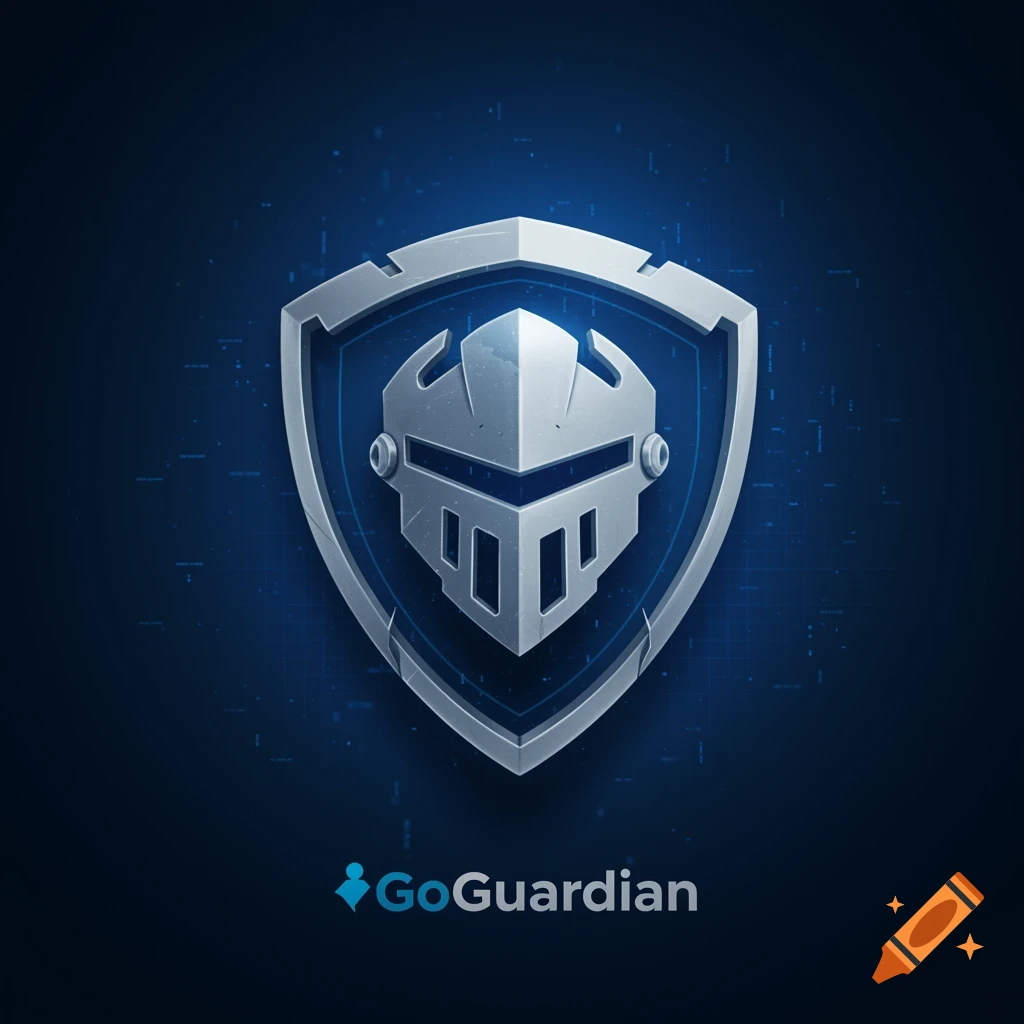 A metallic silver shield with a knight's helmet insignia, over a dark blue background with faint digital patterns. The text 'GoGuardian' is below the shield.
