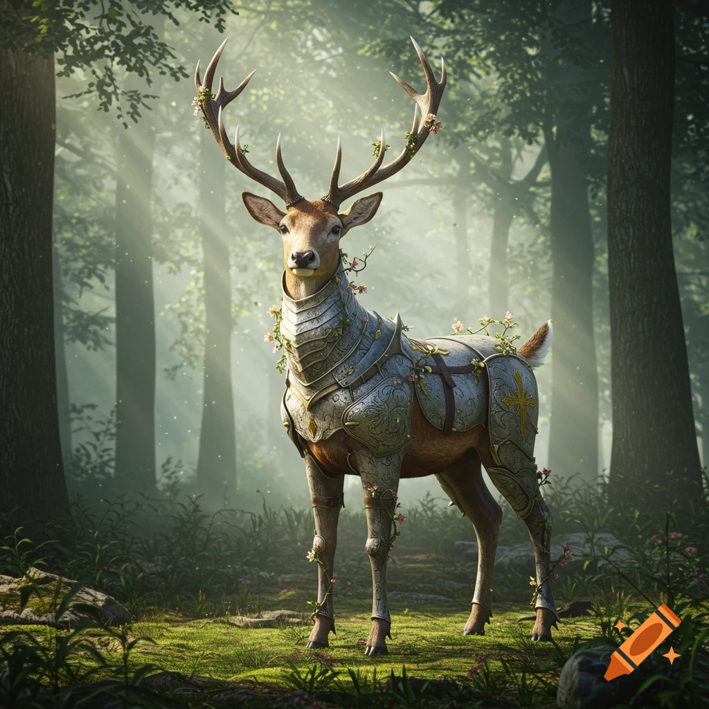A majestic deer wearing ornate medieval armor adorned with flowers stands in a mystical, sunlit forest.