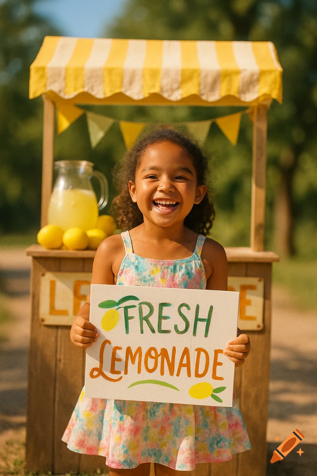 A smiling young girl holding a 'FRESH LEMONADE' sign in front of a lemonade stand outdoors. Photorealistic.