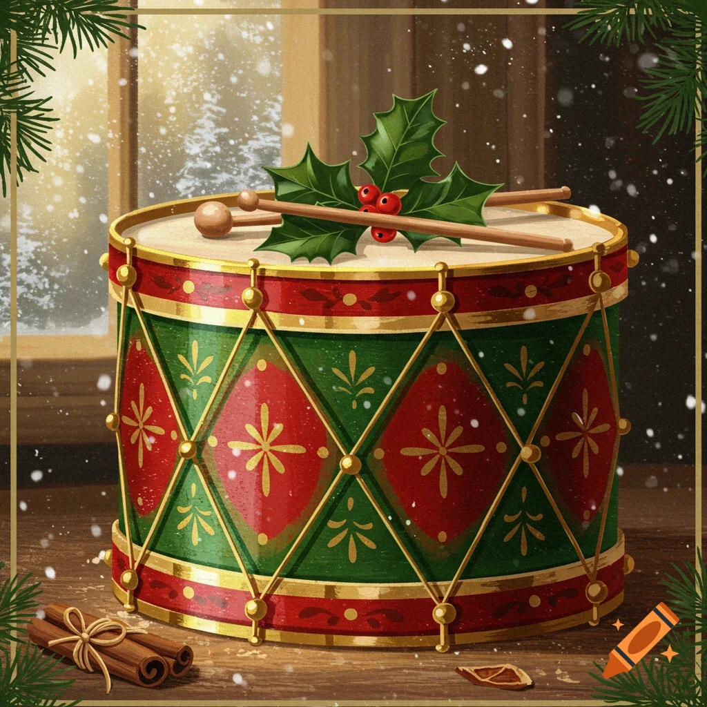 A vintage red, green, and gold Christmas drum with holly and drumsticks, next to cinnamon sticks on a snowy window background.