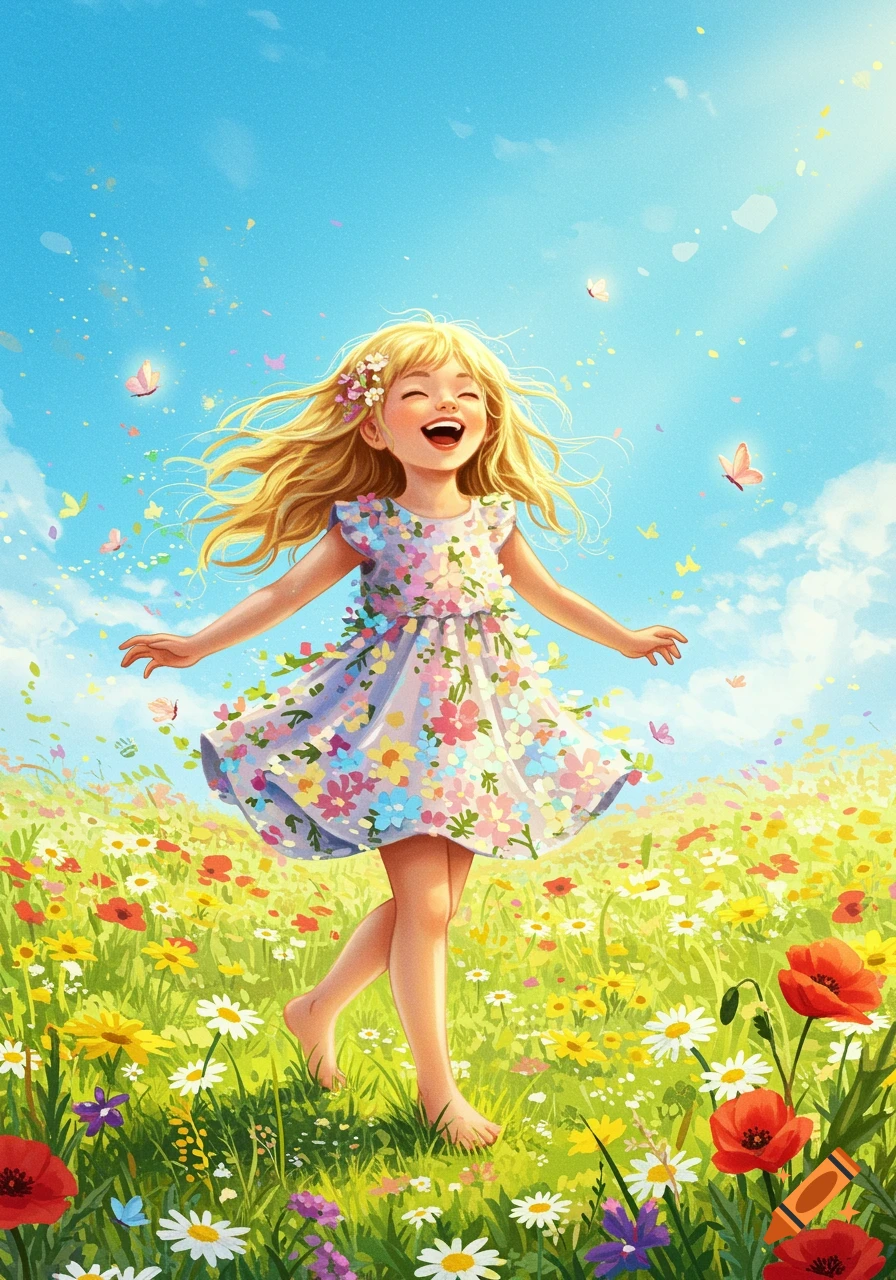 A joyful blonde girl in a floral dress runs through a vibrant field of wildflowers and butterflies under a blue sky, in a vibrant illustration style.