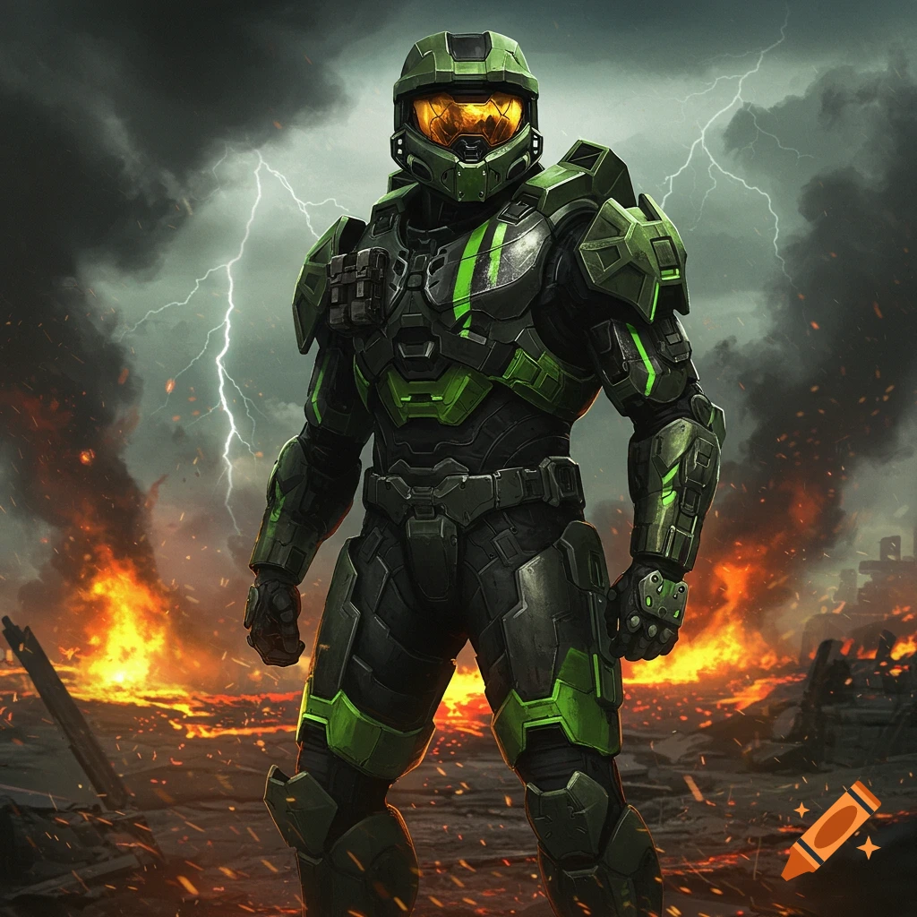 A battle-worn Halo 4 Spartan-2 in black and lime green armor stands amidst a fiery, stormy battlefield.