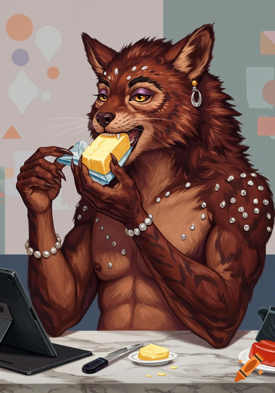 A muscular anthropomorphic wolf with makeup and jewelry bites into a stick of butter at a table, pearls embedded in its fur.