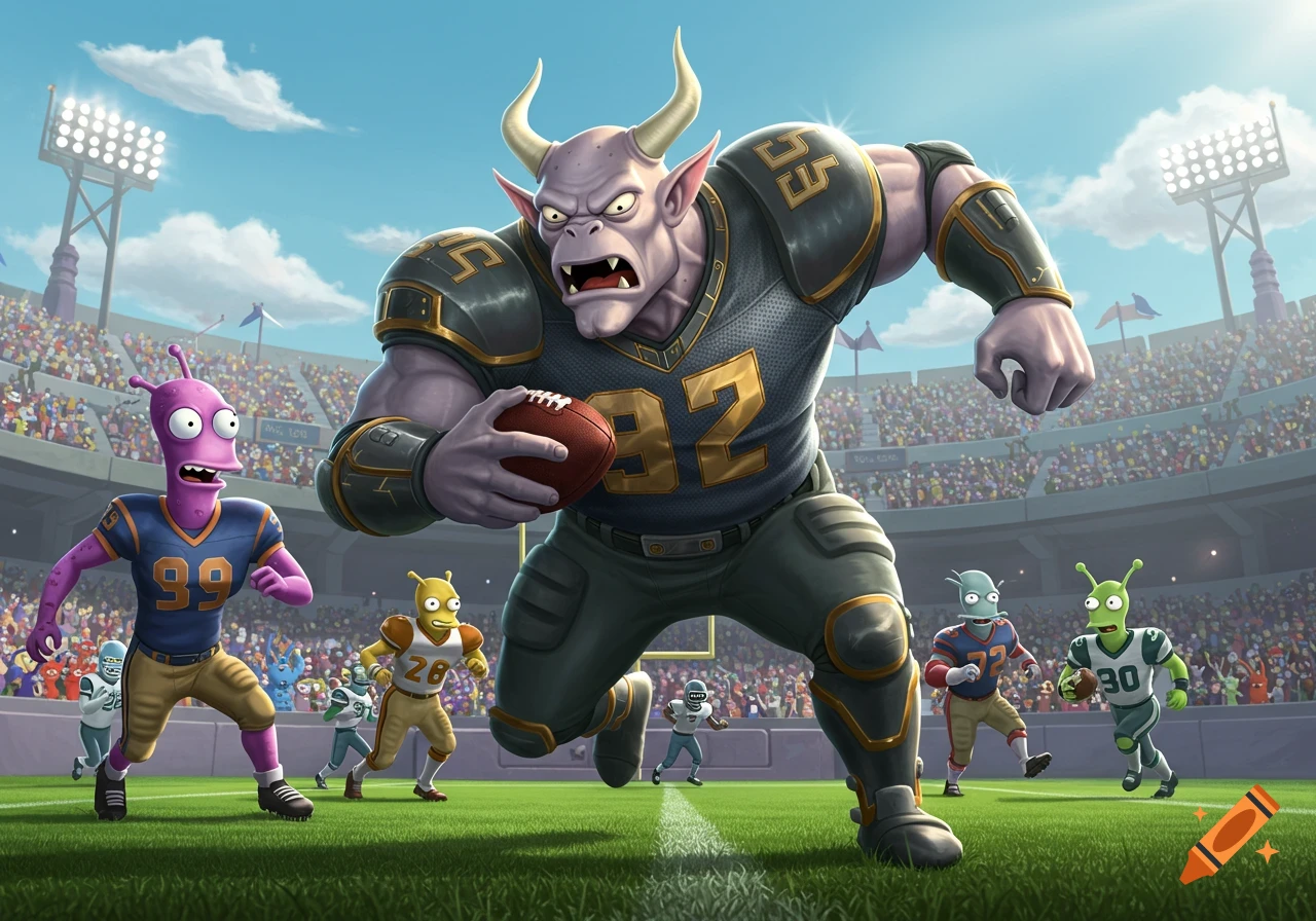 Lrrr, a large purple alien resembling a bull, plays tackle football in a stadium, running with the ball past other alien players.