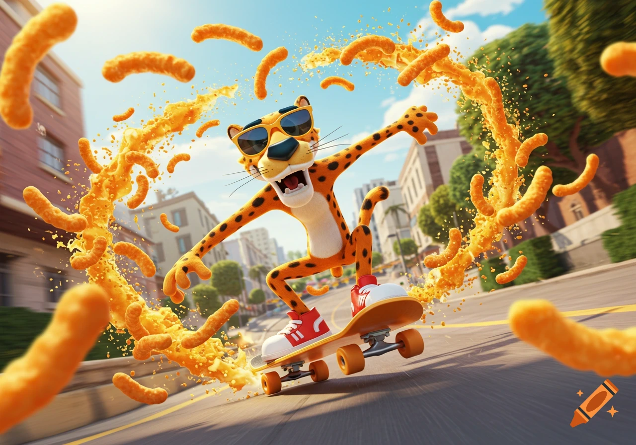 Chester Cheetah in sunglasses skateboards down a street, surrounded by flying Cheetos in a dynamic 3D cartoon style.