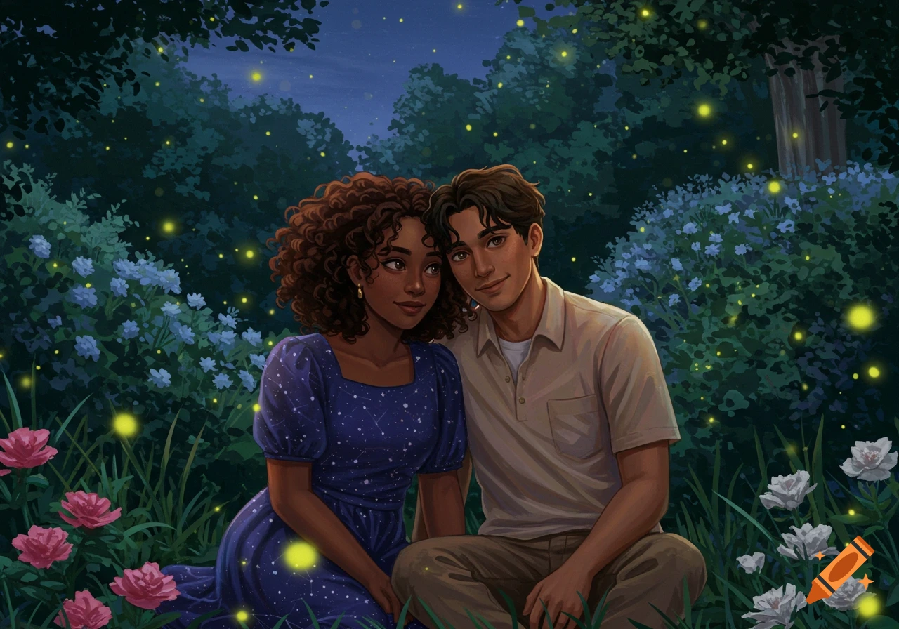 An illustration of a young Black woman and a young Latino man sitting together in a moonlit garden, surrounded by glowing fireflies.