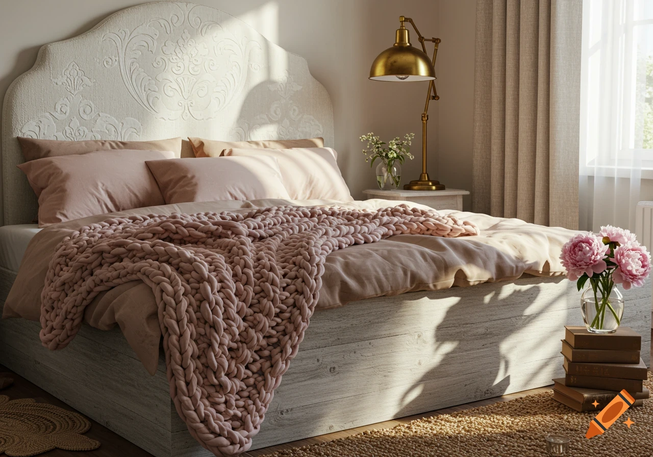 A sunlit cozy bedroom featuring a large bed with pink bedding and a chunky knit blanket, an ornate headboard, and a brass lamp.