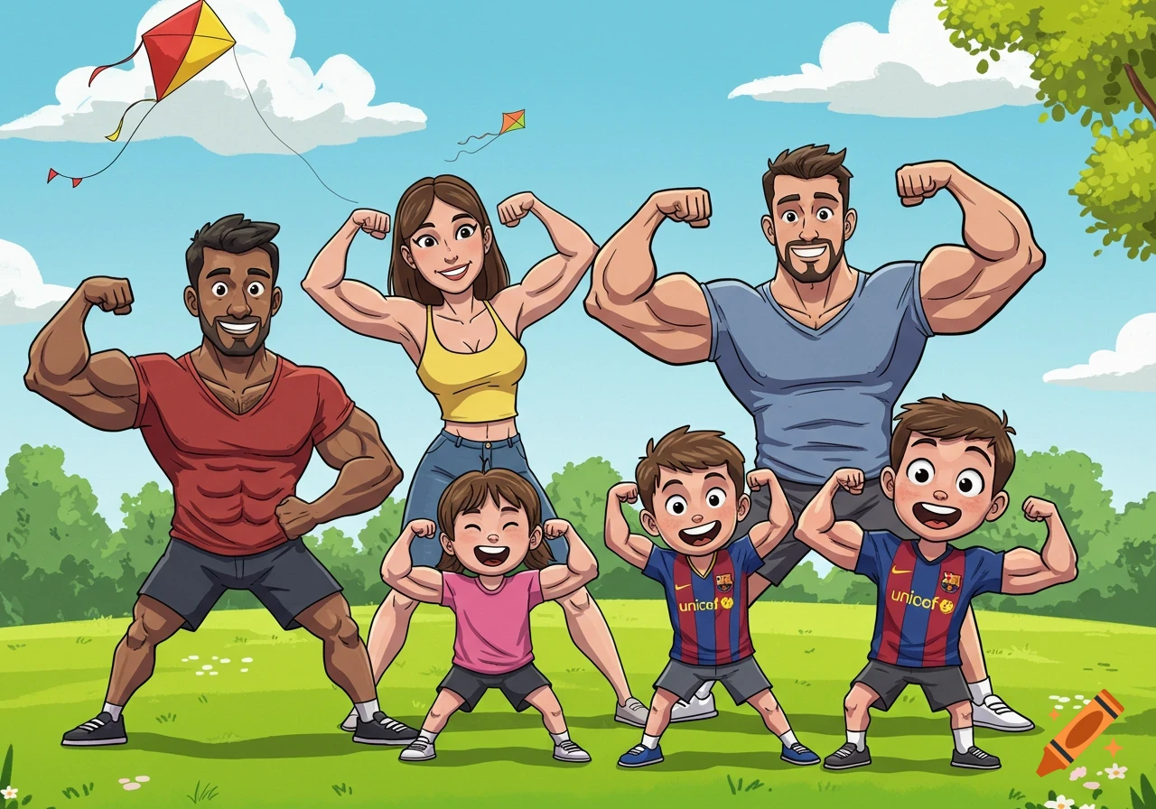 Cartoon family flexing muscles outdoors in a park, with two boys wearing Barcelona soccer jerseys.