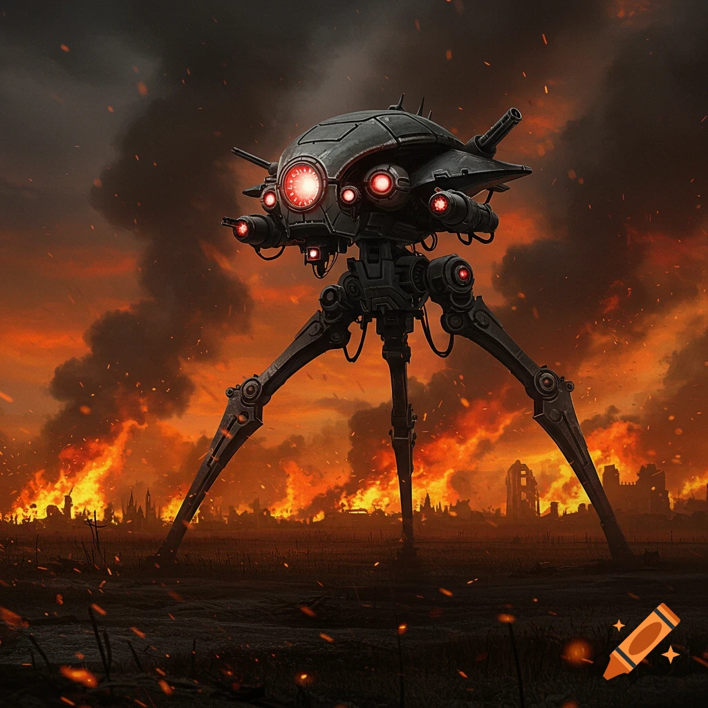 A dark, armored tripod war machine with glowing red eyes stands in a burning field with a destroyed city engulfed in flames in the background.
