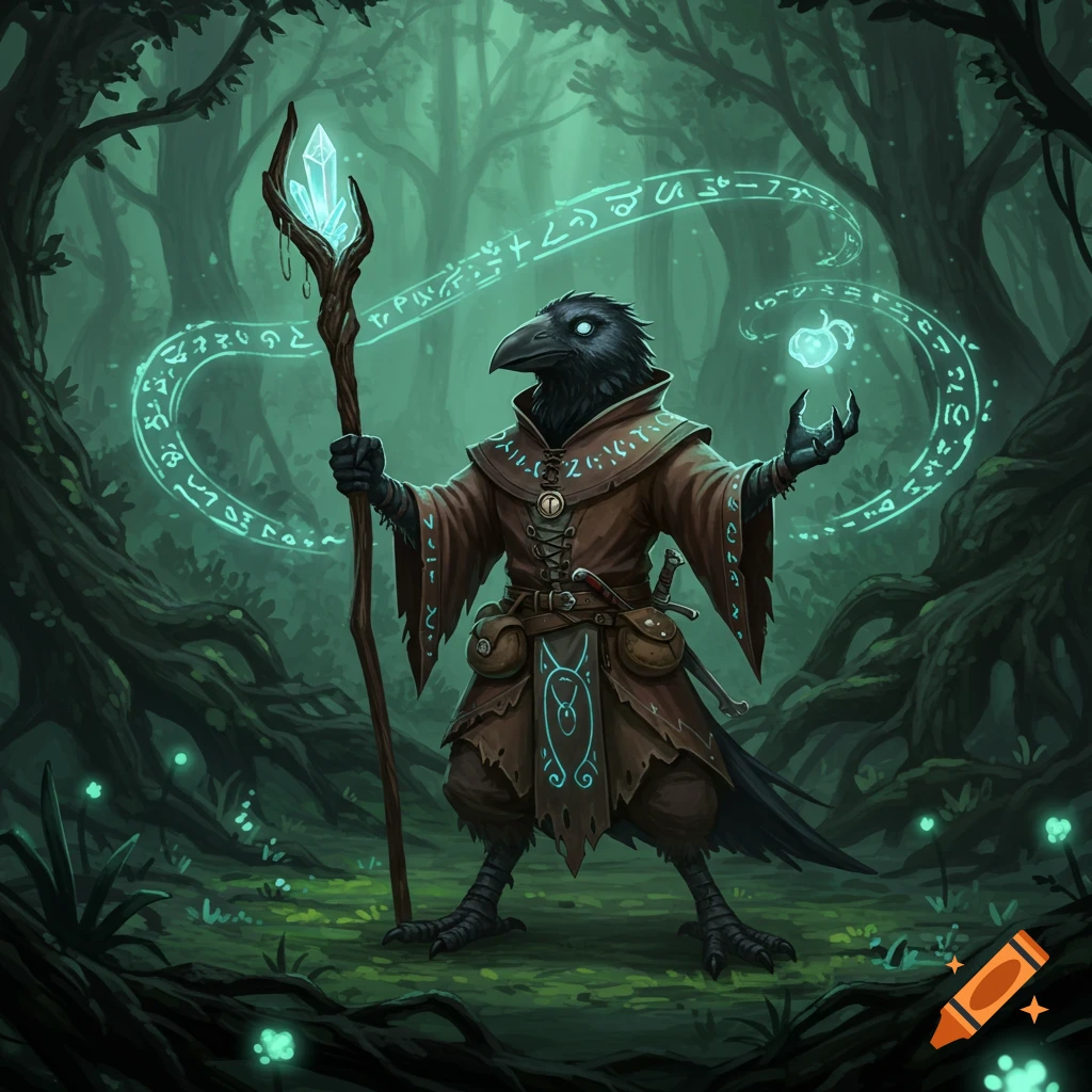 A Kenku sorcerer in a forest, holding a crystal-topped staff, surrounded by glowing blue magical runes.