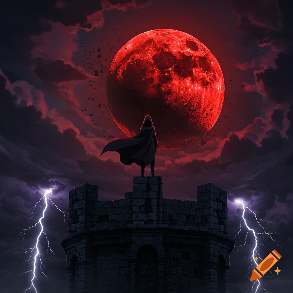 An anime-style hooded figure stands on a tower, looking at a large red blood moon in a dark, stormy sky with lightning.