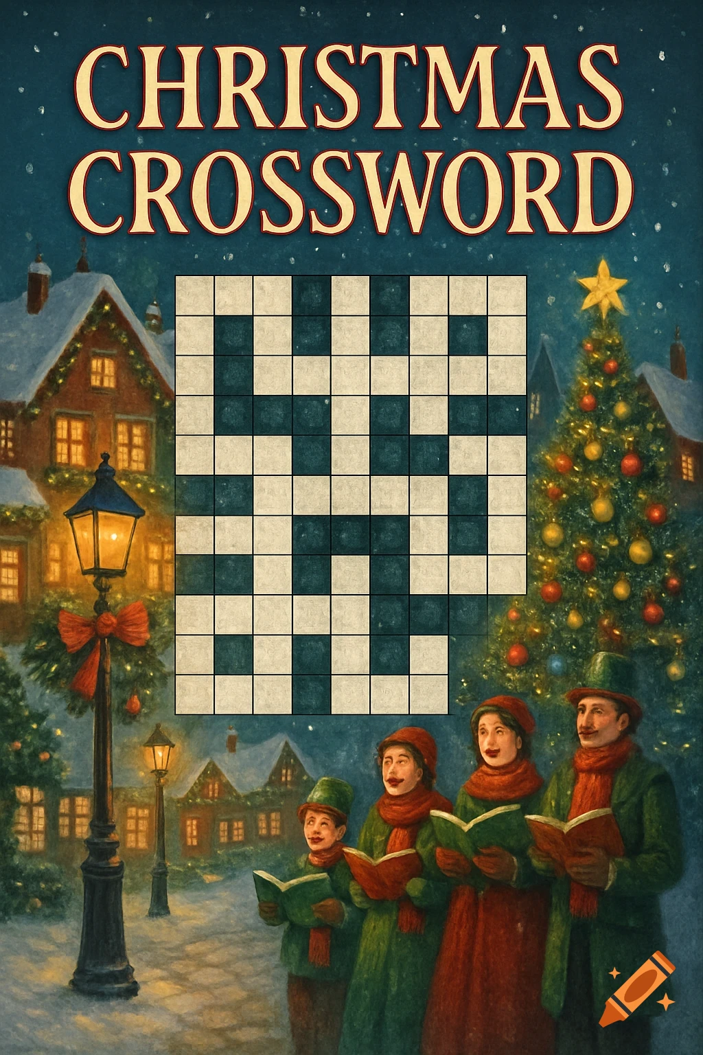 A festive illustration of a Christmas crossword puzzle cover with carolers, snowy houses, and a lamppost at night.