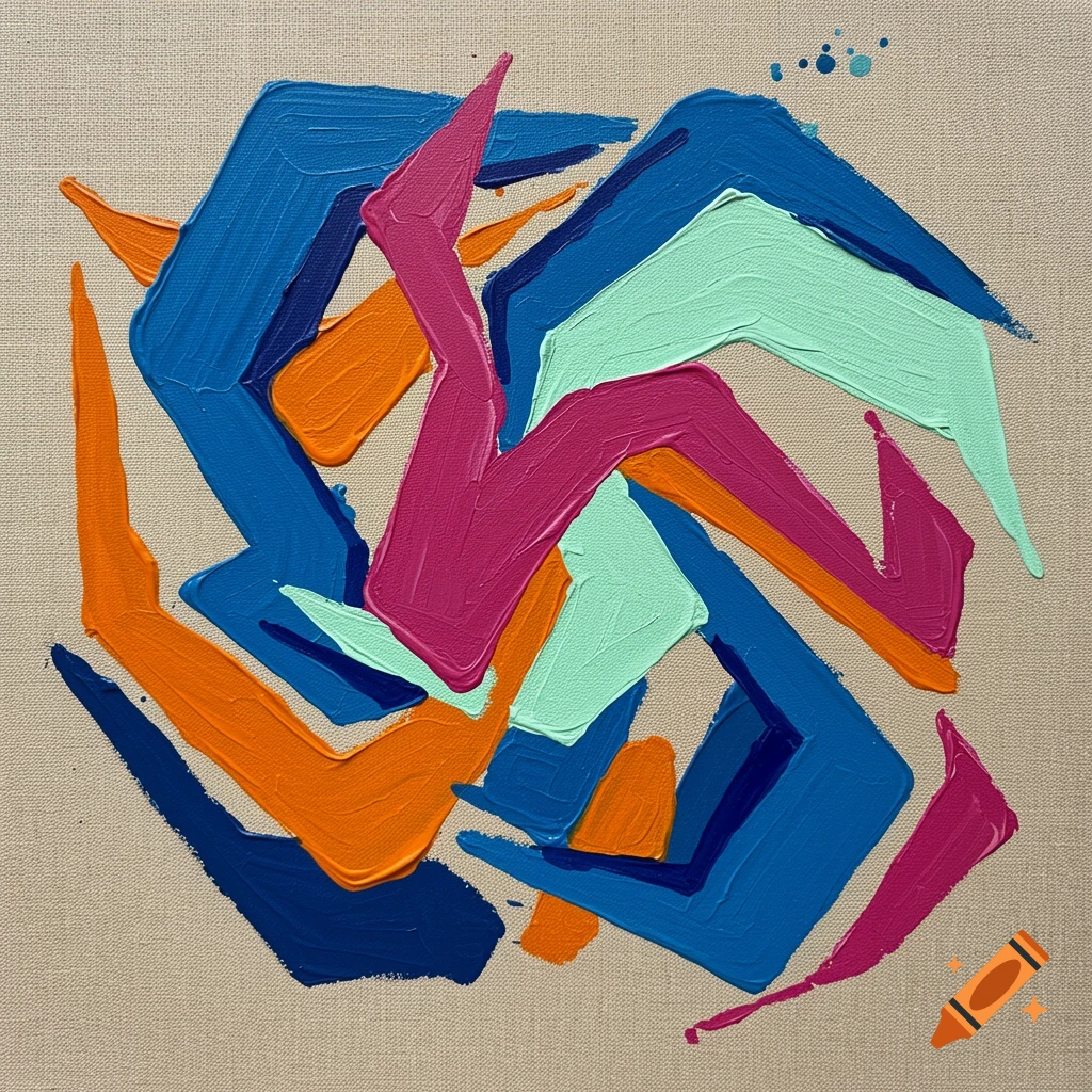 Abstract painting with thick, vibrant blue, orange, pink, and mint green brushstrokes on a canvas background.