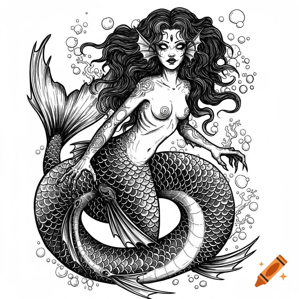 Black and white tattoo flash style drawing of a scary mermaid with long dark hair, blank eyes, exposed torso, scaled tail, and clawed hands, surrounded by bubbles.