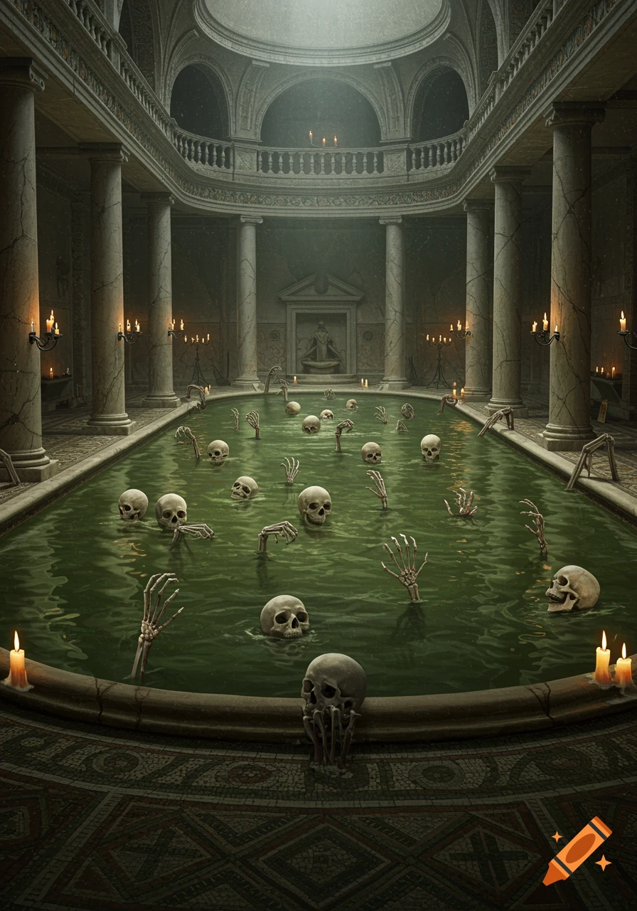 Fantasy art of a Roman-style bath filled with murky green water, with numerous skeletons and skeletal hands emerging from the water.