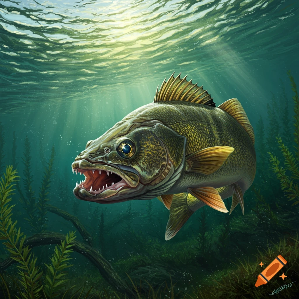 An angry walleye fish with sharp teeth swims underwater through green plants with sunlight from above.