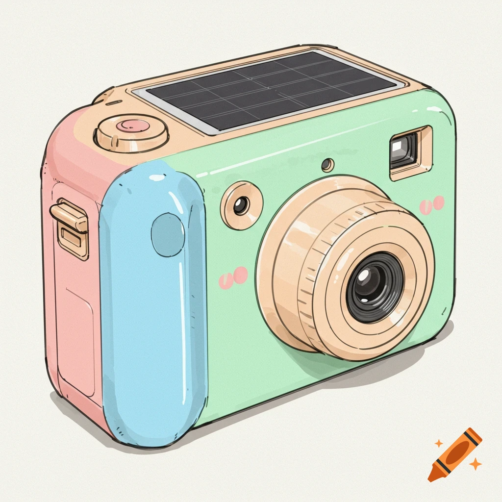 A pastel-colored, childlike digital camera with a solar panel on top, lens, and flash in a sketch art style.