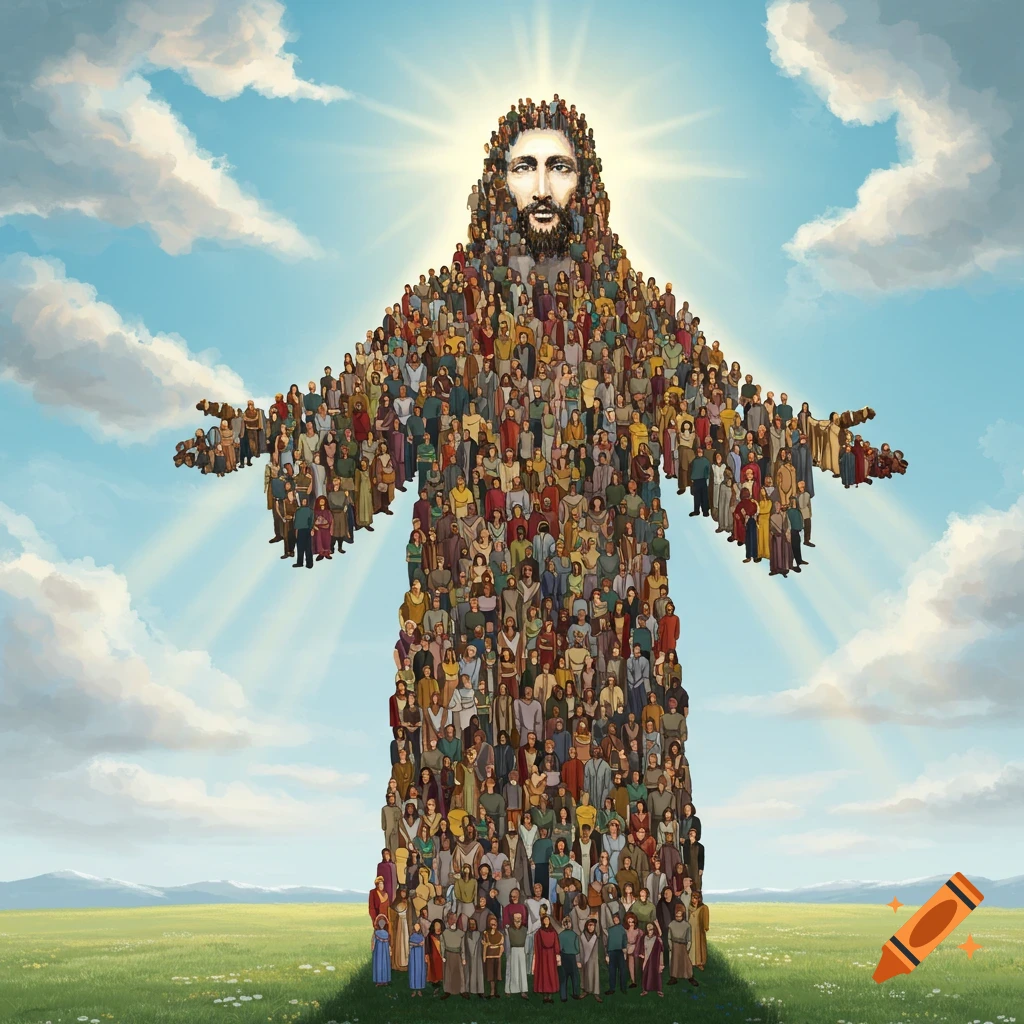 An illustration of a Jesus-like figure made up of a multitude of people, standing in a field under a cloudy sky.