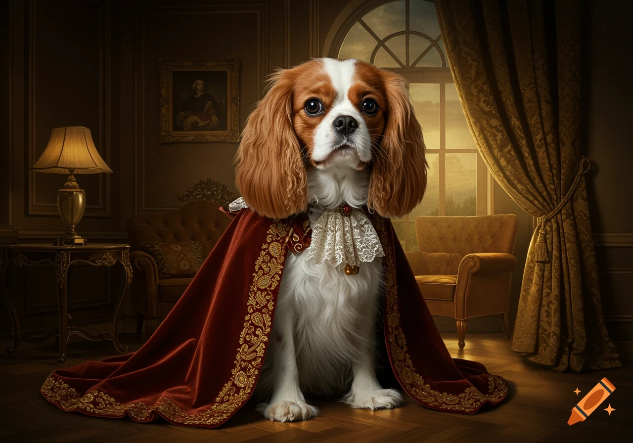 A Cavalier King Charles Spaniel dog in a red royal cape sits in a grand room with ornate furniture and a large window, photorealistic.