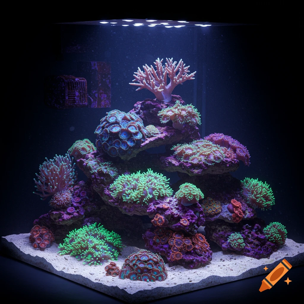 A vibrant coral reef aquarium with various colorful corals and rocks under bright lighting.