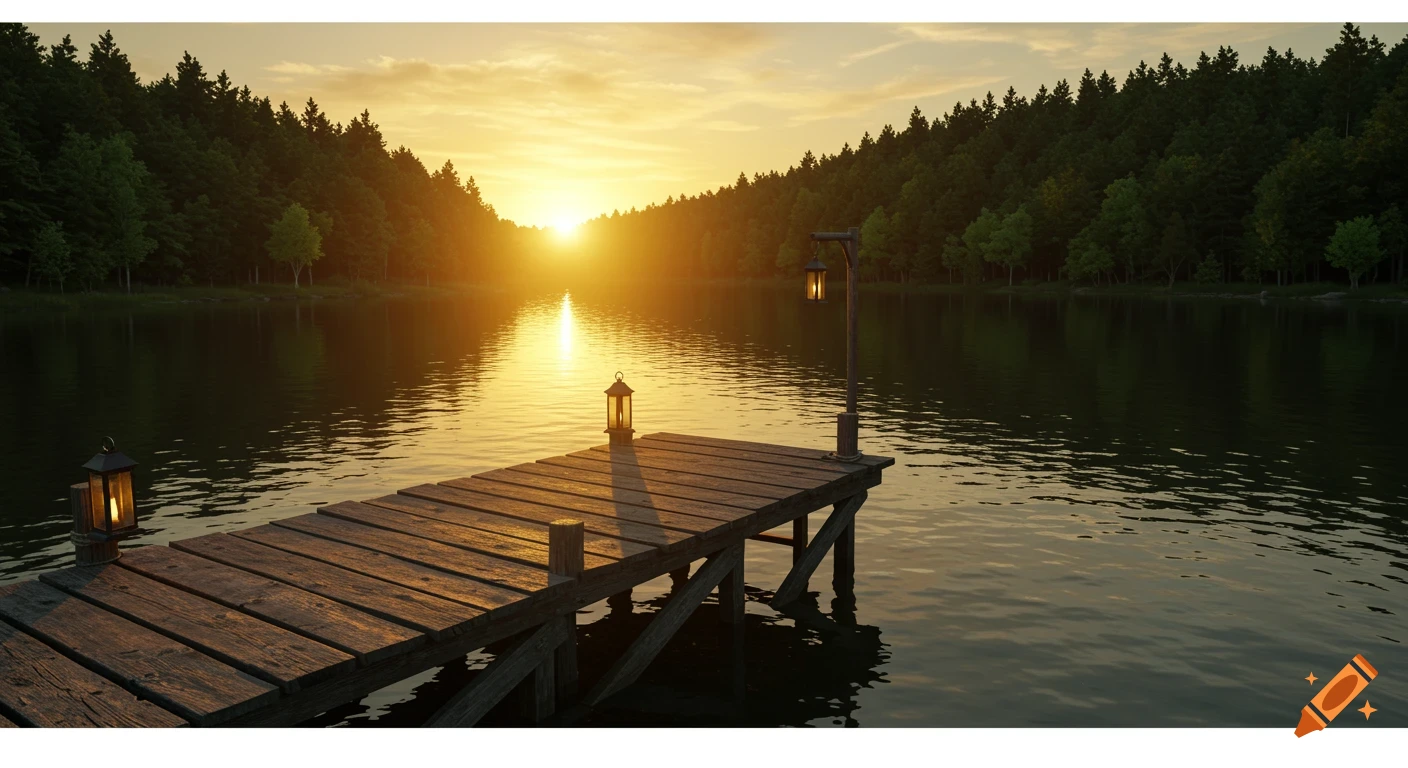 A photorealistic wooden dock extends into a calm lake, reflecting a golden sunset, with pine trees lining the banks and two glowing lanterns.