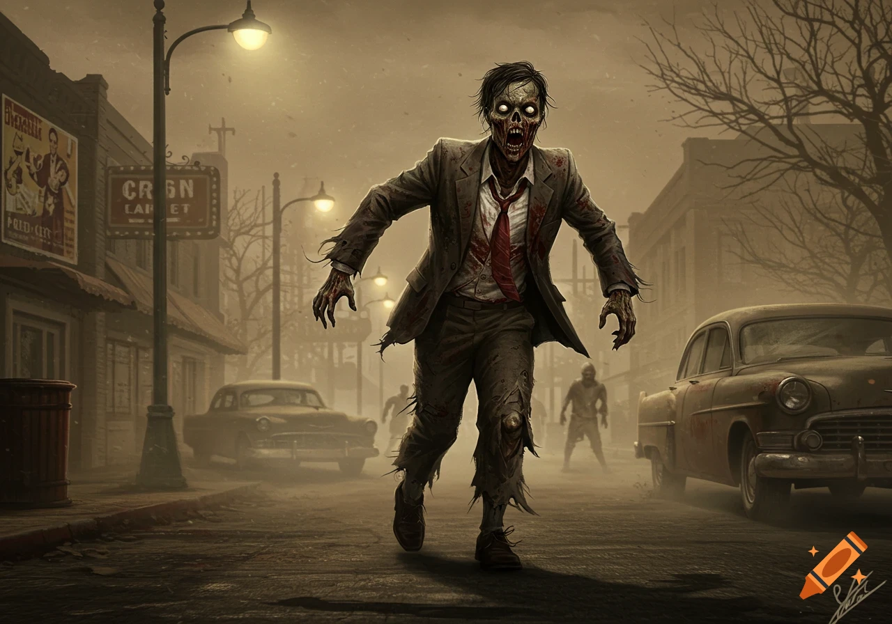 A zombie in a tattered suit walks down a desolate, foggy 1950s street with abandoned cars and buildings.