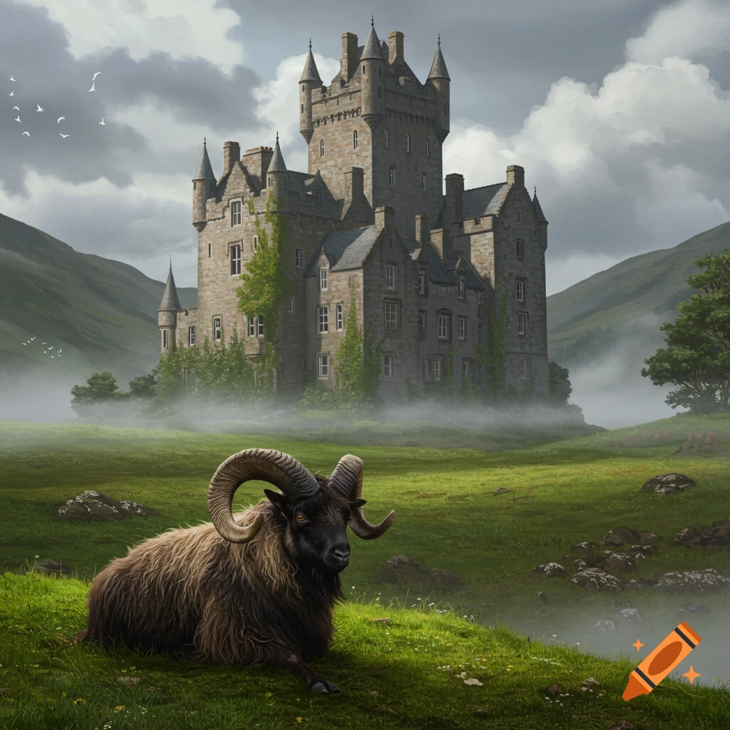A large ram with curled horns lies in a misty green field with a grand stone castle and hills in the background.