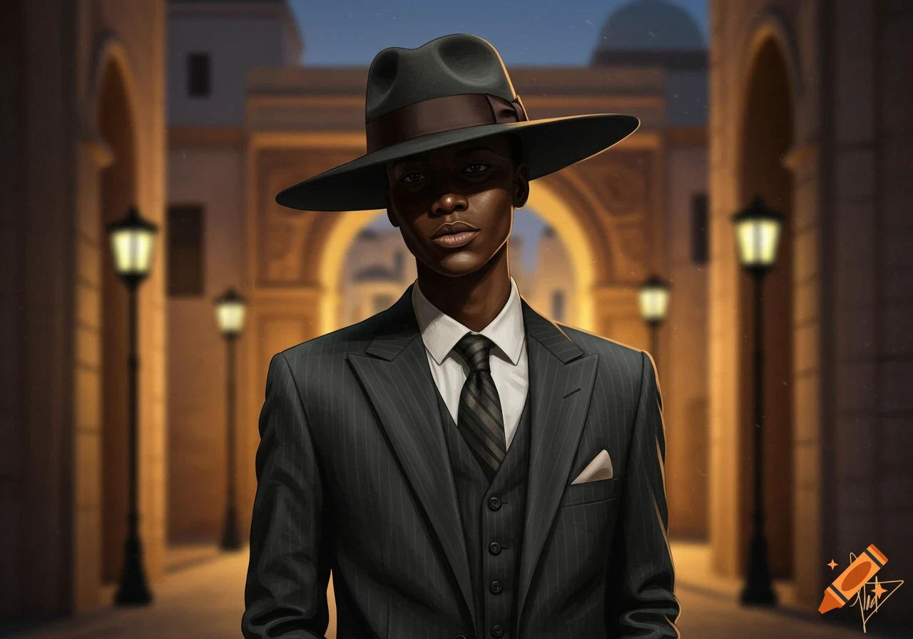 A dark-skinned person in a pinstripe suit, vest, and fedora hat stands on an urban street with archways and lanterns.