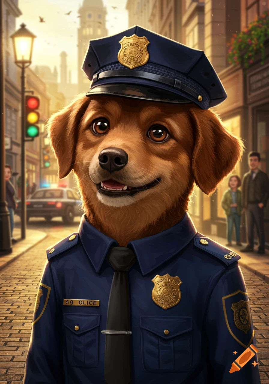 A smiling dog wearing a blue police uniform and cap stands on a city street.