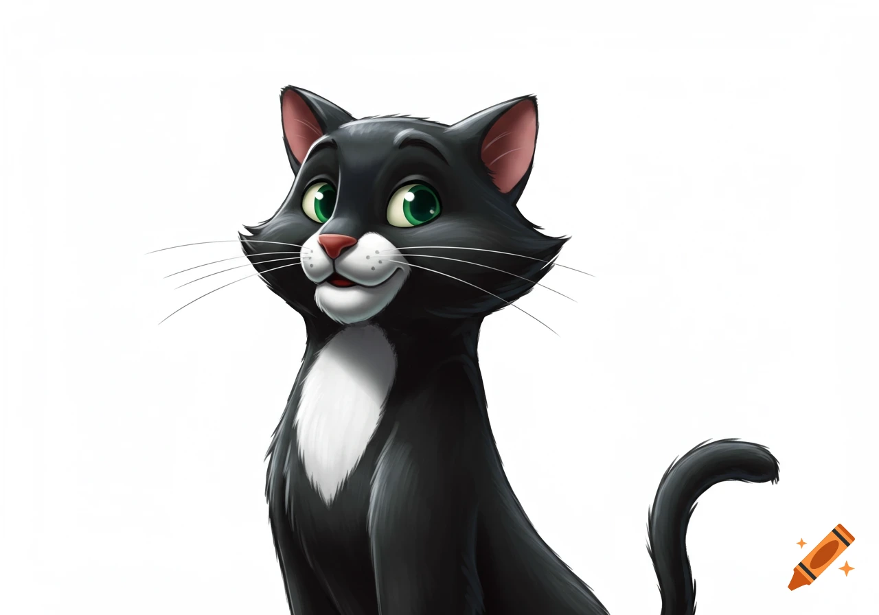 A cartoon black cat with green eyes, a pink nose, and a white chest smiles against a white background.
